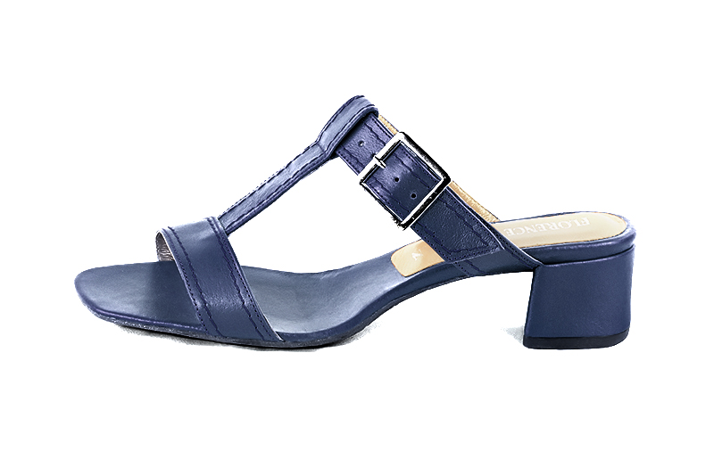 Prussian blue women's fully open mule sandals. Square toe. Low flare heels. Profile view - Florence KOOIJMAN
